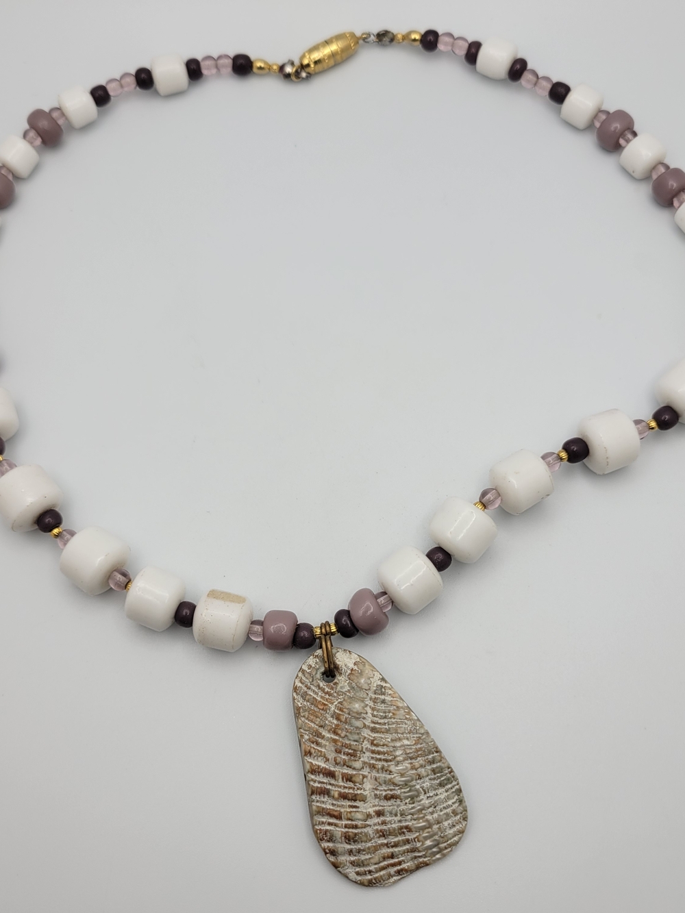 Handmade White & Mauve Beaded Necklace with Textured Pendant - Picture 2 of 7